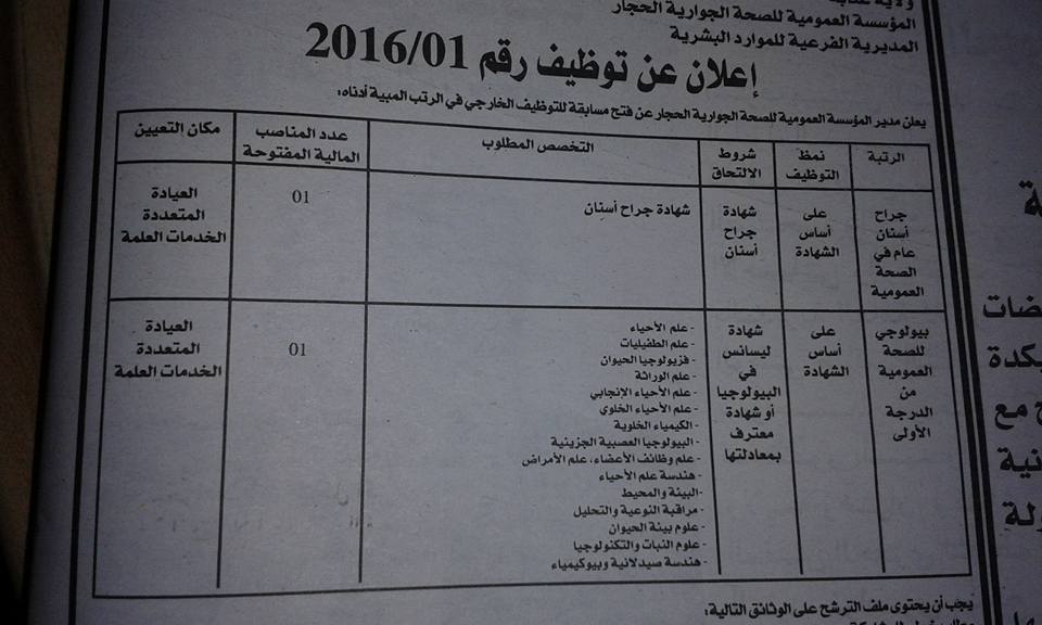 توظيف بالمؤسسة العمومية للصحة الجوارية الحجار عنابة 