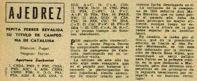 Recorte de la revista Destino con la partida de ajedrez Puget vs. Ferrer