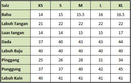 Kayangan Collections Standard Ukuran Baju Kurung Mengikut 