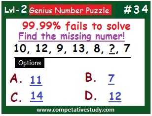 Number Puzzle: Find the missing number: 10, 12, 9, 13, 8, ? , 7