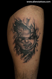 Chucky, the killer puppet - 3d tattoo on the leg