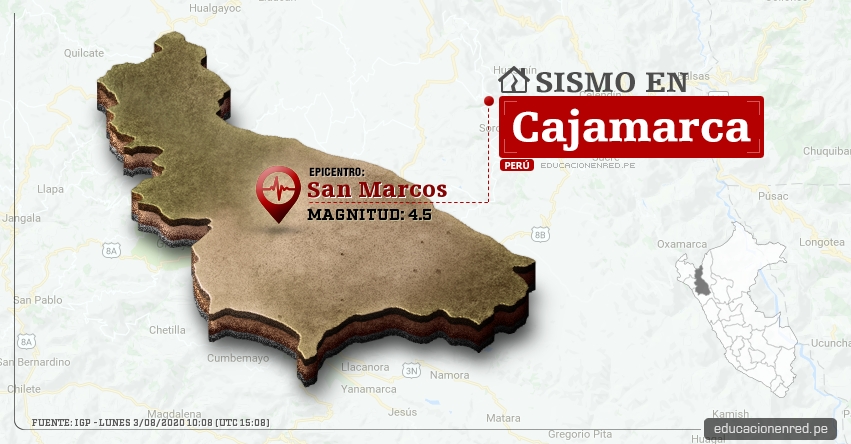 Temblor en Cajamarca de Magnitud 4.5 (Hoy Lunes 3 Agosto 2020) Sismo - Epicentro - San Marcos - San Marcos - IGP - www.igp.gob.pe
