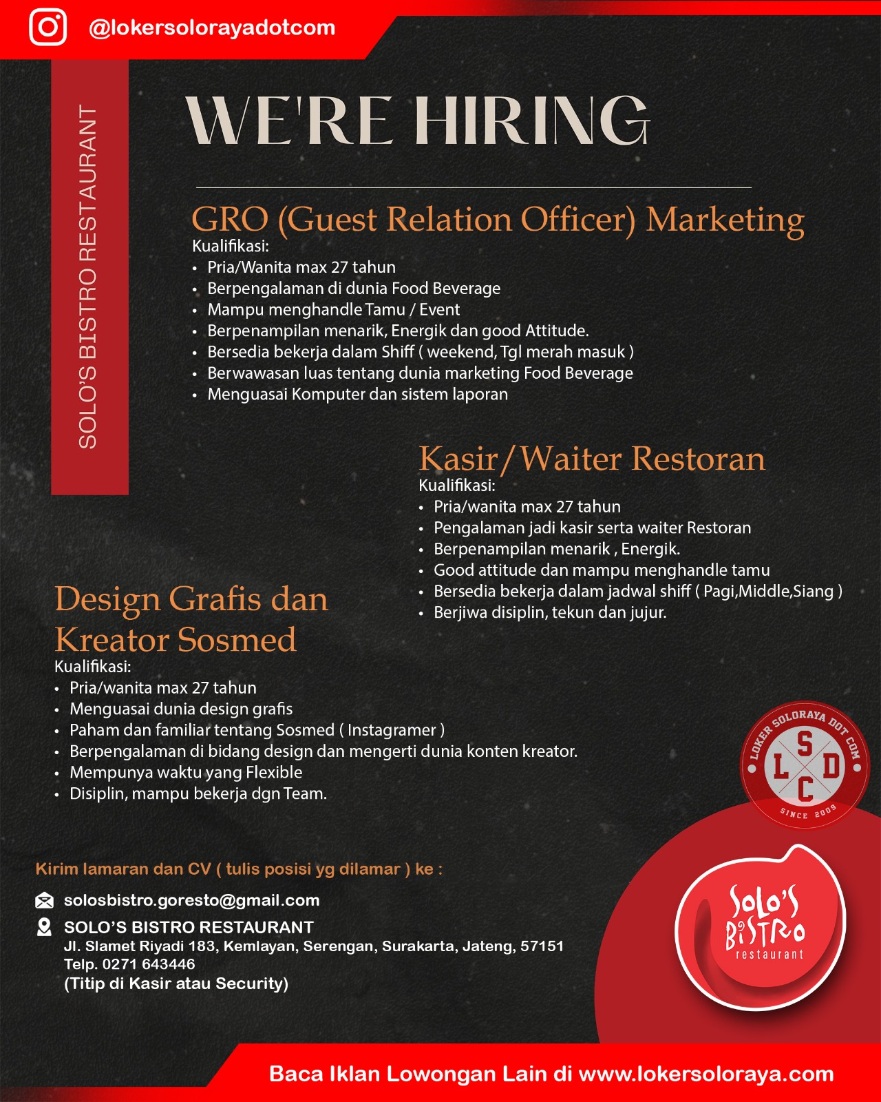 Loker Solo Raya Update di Solo’s Bistro Restaurant