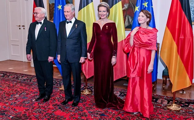 Queen Mathilde wearing new diamond necklace. Queen Mathilde is wearing the Armani gown