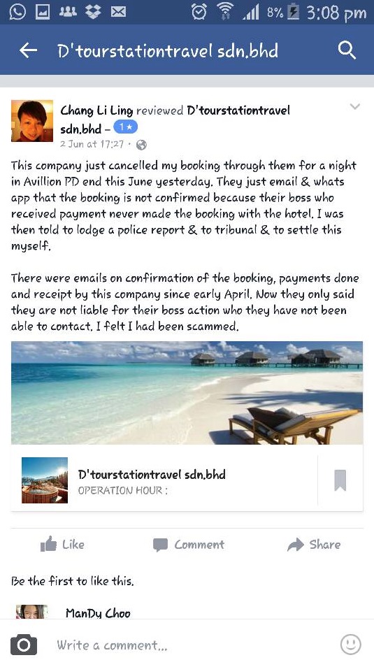 Travel Agency Scammer, D'tourstationtravel sdn.bhd