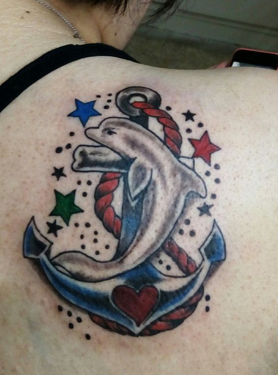 Colourful-Dolphin-with-Anchor-Stars-and-Heart-Back-Tattoo