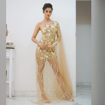 Disha Patani appearing partially nude in golden see through bouffant gown