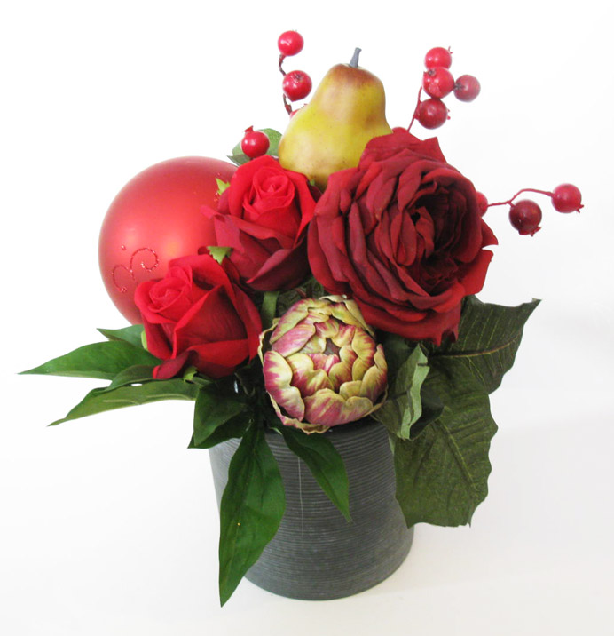 flower pot combination ideas whimsical arrangement of artichoke, red roses, pear, and a red  | 692 x 716