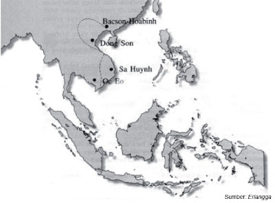Peta pusat kebudayaan Bacson-Hoabinh, Dong Son, dan Sa Huynh di Vietnam.