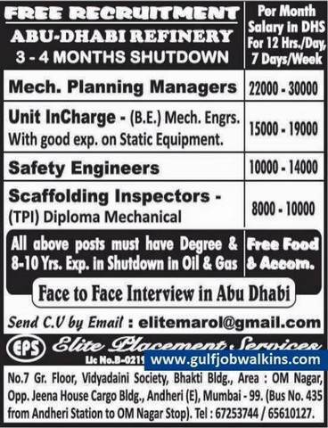 Free job recruitment for Abudhabi Refinery job vacancies