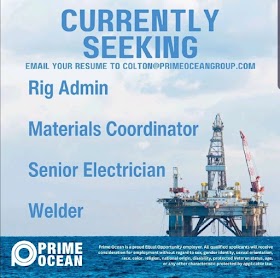 If you're an experienced offshore Rig Admin, Materials Coordinator, Senior Electrician or a Welder, we need YOU!  