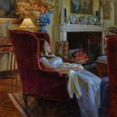 TAKING A NAP BY A FIREPLACE, 2022 painting Vladimir Volegov