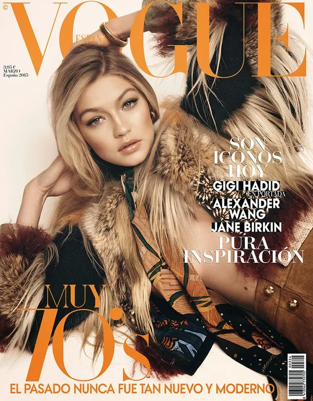 Gigi Hadid covers Vogue Spain March 2015 in a Gucci fur look