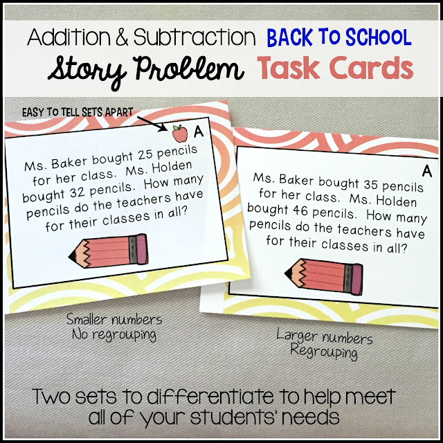 Elementary Antics: Back to School Story Problem Task Cards. Two sets of addition and subtraction task cards- great for centers for your kiddos. Easy to differentiate for your students needs.