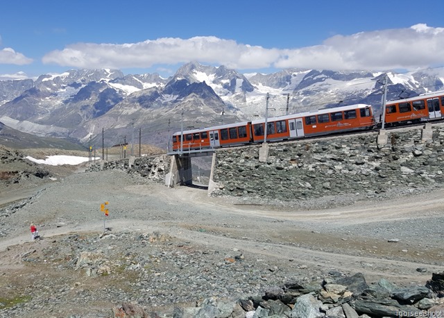 From Gornergrat to Rotenboden and Riffelsee. Gornergrat bahn cog wheel train in the back