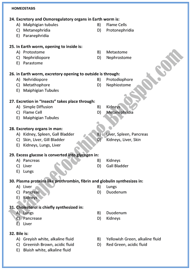 Biology Mcqs XII - Homeostasis - Mcqs