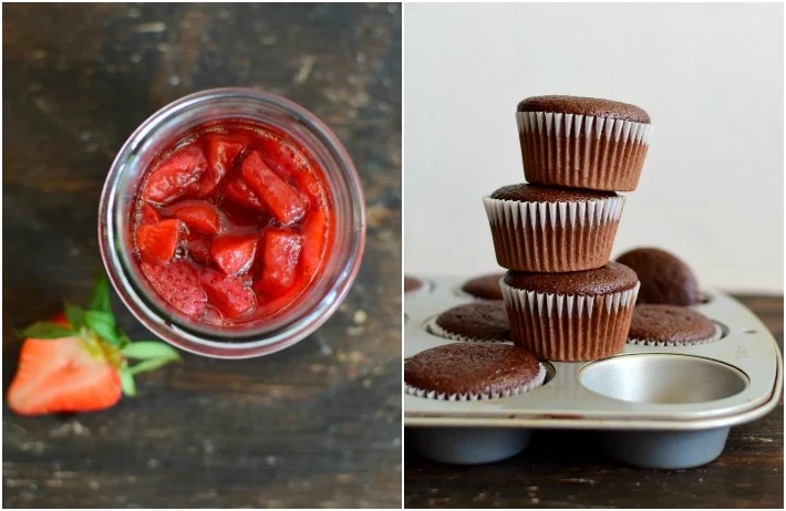 Fresas maceradas y cupcakes de chocolate