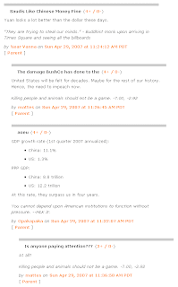 Screenshot: Daily Kos comments on the ascendancy of China's currency, April 29, 2007