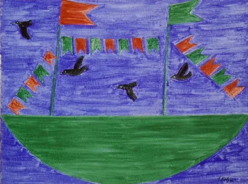 Barco com bandeirinhas e pássaros, pintura de Alfredo Volpi.