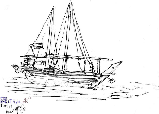 Большая глубоководная традиционная двухмачтовая арабская лодка Доу в Персидском заливе. Линейный рисунок лодки ловцов жемчуга. Автор рисунка: художник iThyx