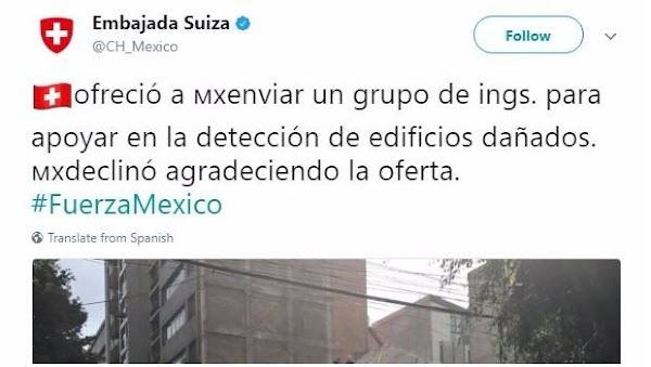  México rechazó ayuda de Suiza por sismo ¿Que opinas? 