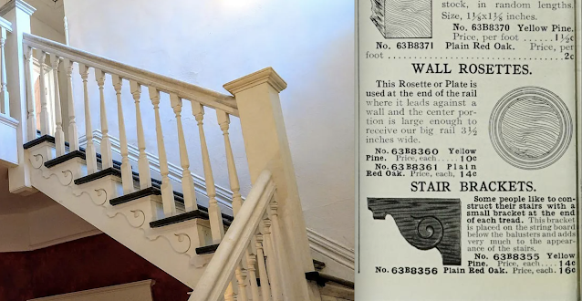 color photo of the staircase, focused on the side brackets,with Stair brackets shown in the 1910 Sears Building Supplies catalog