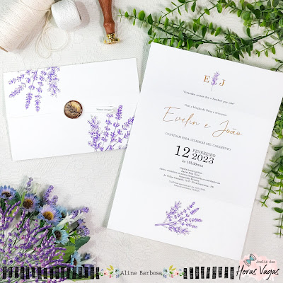 convite de casamento personalizado floral boho chic rústico estampa lavanda lilás delicada festa campo ar livre praia aniversário 15 anos