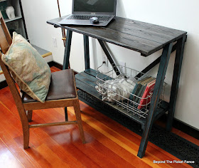 bottom shelf on rustic farmhouse table adds storage