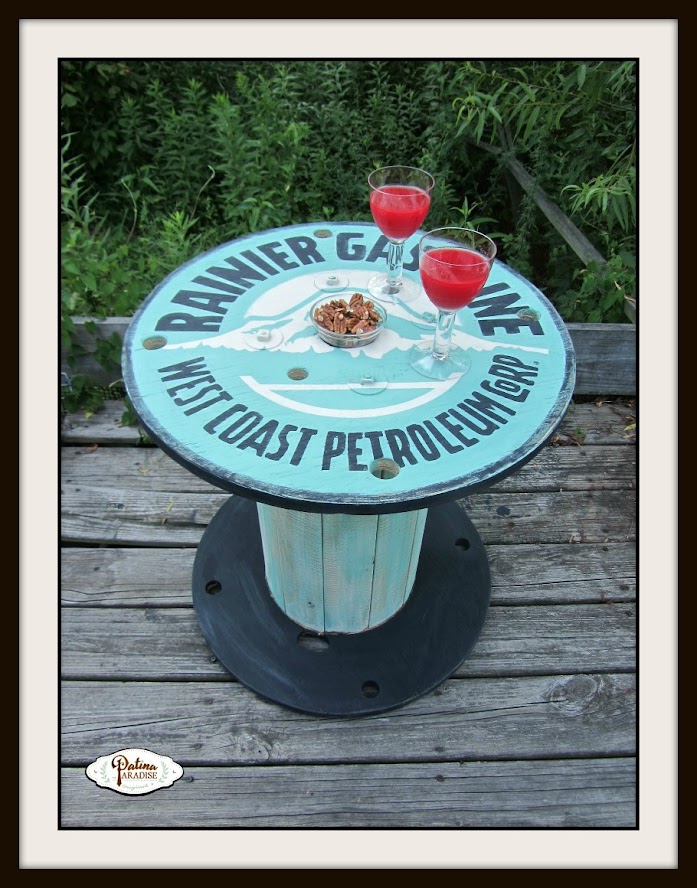 Upcycled Wooden Spool Table With Graphics 