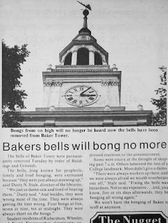 A newspaper clipping with the title "Bakers bells will bong no more."