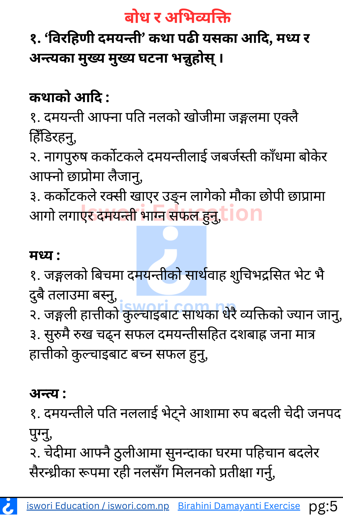 Birahini Damayanti Exercise, Summary Class 12 Nepali Unit 2