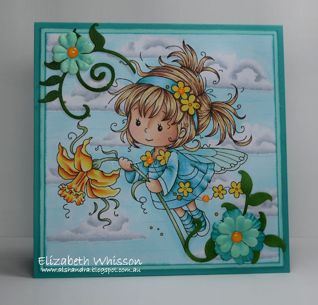 Elizabeth Whisson, Alshandra, Copic, outdoor background, cloud, Whimsy Stamps, Daphne, fairy, turquoise, handmade card