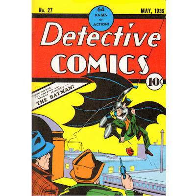 Cover of Detective Comics #27 showing Batman swooping over a roof while being shot at by two criminals