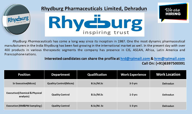 Urgent Openings for QC / QC-Micro / PPIC / Purchase / Accounts / Finance / Business Development @ Rhydburg Pharmaceutical Ltd AndhraShakthi - Pharmacy Jobs
