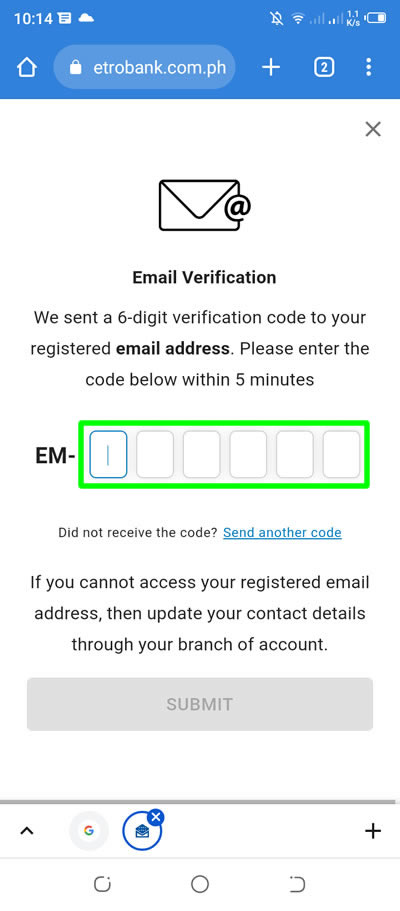 input sent code to metrobank registered email address