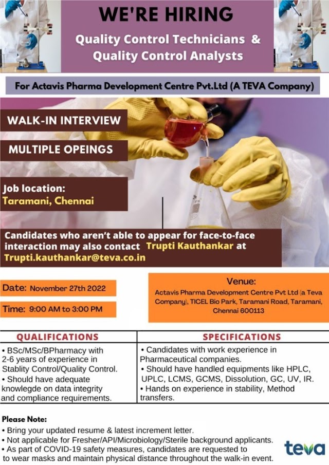 Actavis Pharma (A Teva Company) | Walk-in interview at Chennai for QC on 27th November 2022