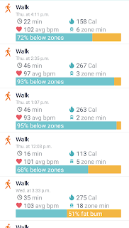 A list of walking stats from my Fitbit Inspire 2, "auto recognized exercises."
