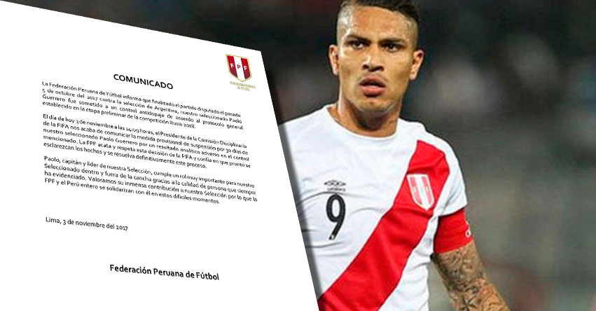 ES OFICIAL: Paolo Guerrero quedó suspendido por 30 días por la FIFA por resultados en las pruebas de antidopaje