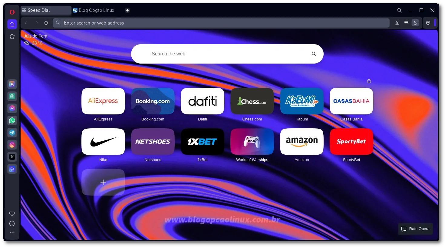 Janela do navegador Opera executando no Linux (tema Dark)