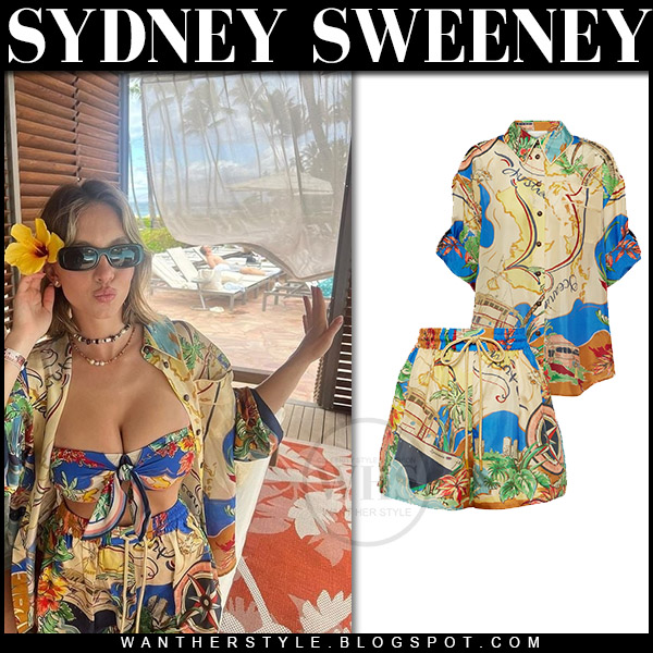 Sydney Sweeney in printed shirt, printed bikini and silk shorts