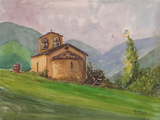 ermita, sant quirc de durro, alta ribagorça,romanic,romanico,watercolor,aquarel·la,acuarela,roger mora,rmora,catalunya,catalonia,cataluña