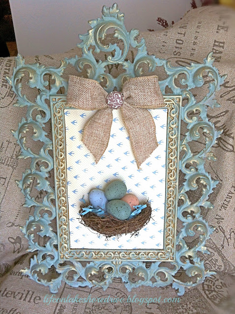 Annie Sloan Chalk Paint Duck Egg Blue, Gold gilding wax, bird's nest, eggs, burlap bow, wall art