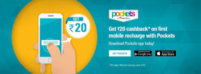 Pockets app by ICICI giving 20rs cashback on recharge of 100 rs