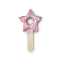 A pink star shaped wand with a hole in the middle on a pink thin rectangular stick on a bright background