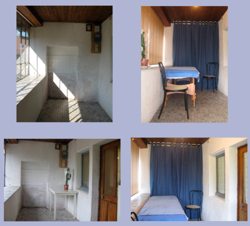 A composite of two shotd of the entrance verhanda before and after redecorating