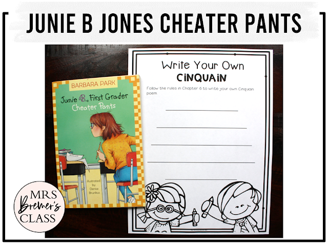 Junie B Jones Cheater Pants book activities unit with literacy printables, reading comprehension worksheets, companion activities, lesson ideas for First Grade and Second Grade
