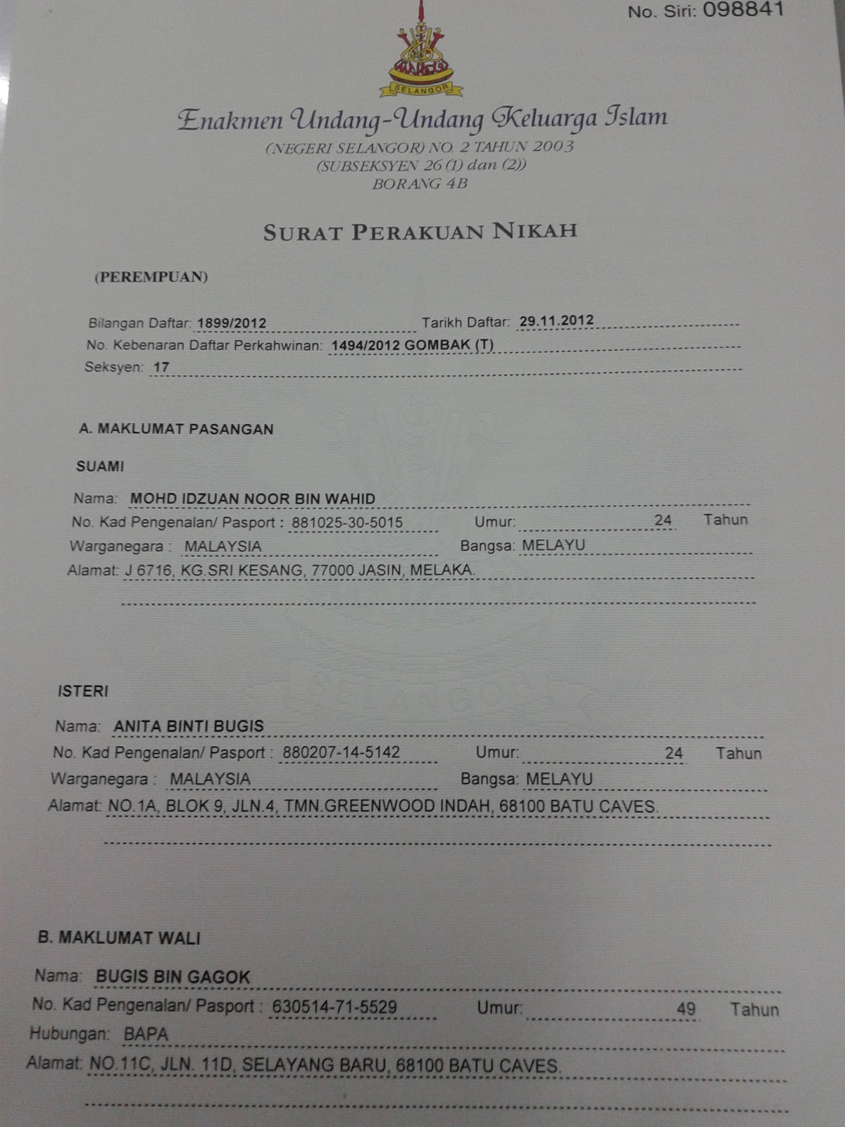 Atas Surat Perakuan Nikah Selangor