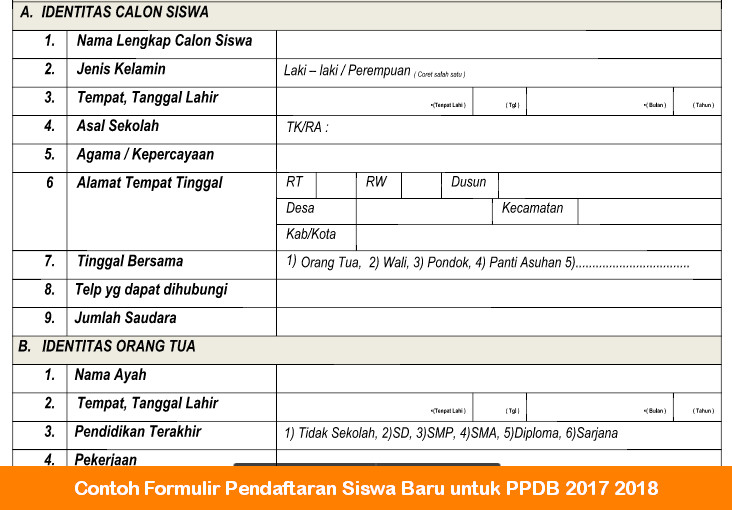 Contoh Formulir Pendaftaran Siswa Baru untuk PPDB 2017 