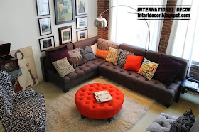 red ottoman and brown corner sofa for modern living room