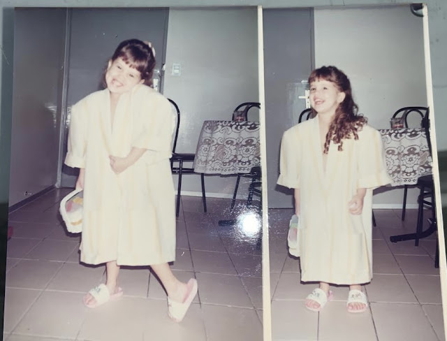 Two photos of a little girl smiling and wearing an adult's jacket that goes to her chins.